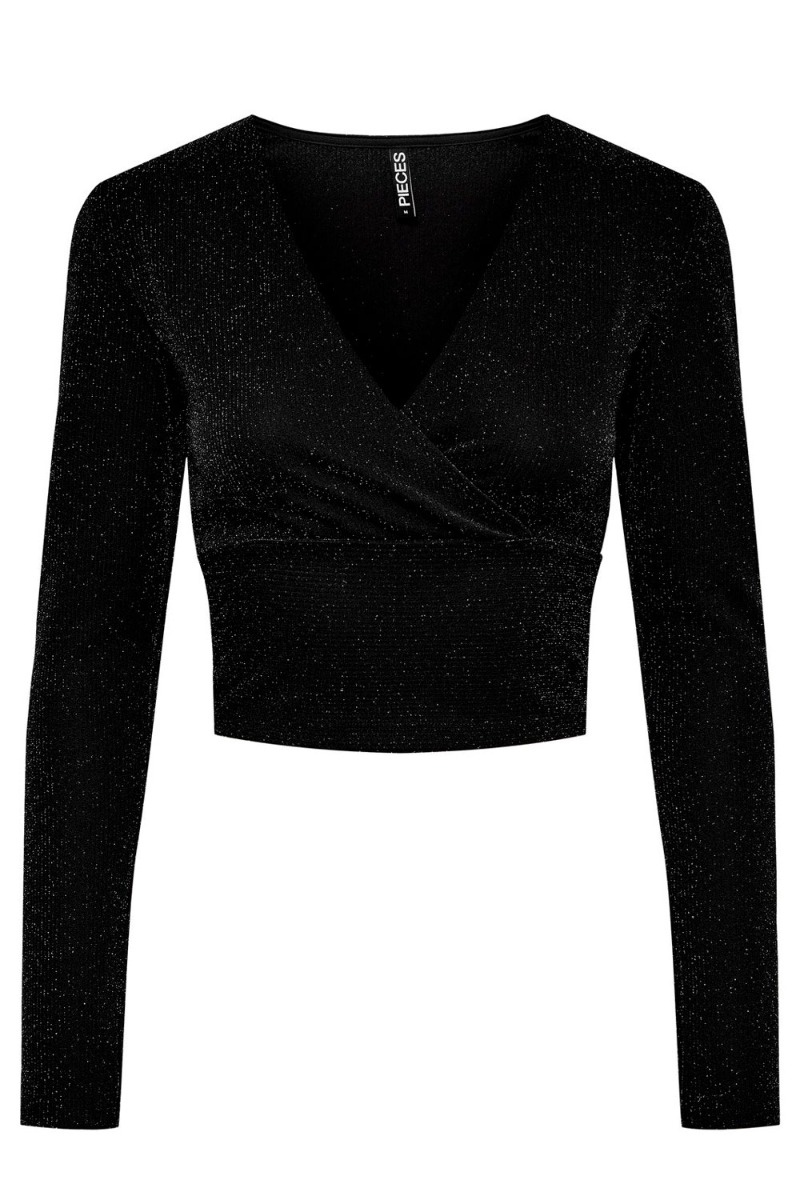 Pieces Bluse Pc Lina Ls Cropped -neck Top Black