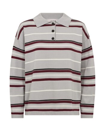 -view Bluse Polo Long Sleeve Stripe Knit Blouse Grey Off White