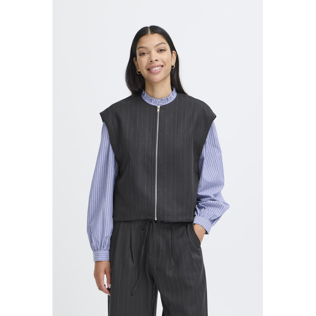 Young Dame Vest Byxdayo Dark Grey Pinstripes