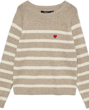 Vero Moda Dame Pullover Vmdoffy Sepia Tint Birch Stripe And Ribbon Red Heart