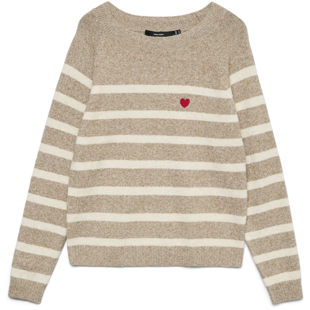Vero Moda Dame Pullover Vmdoffy Sepia Tint Birch Stripe And Ribbon Red Heart