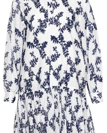 Noella Kjole Frilla White Navy Embrodery