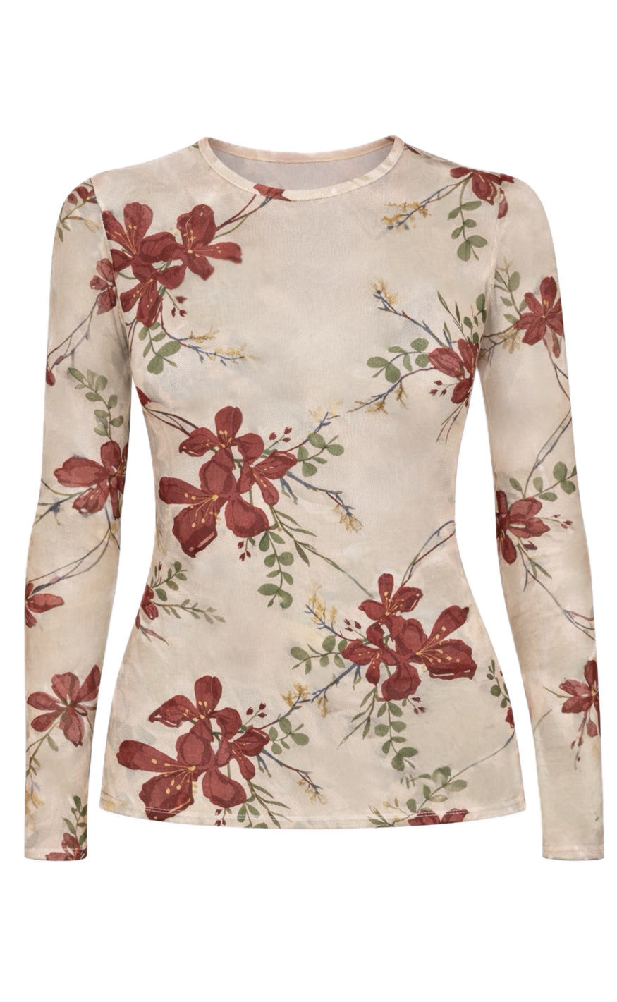 Say Ina Copenhagen Bluse Sophia Mesh Creme Burgundry Flowers