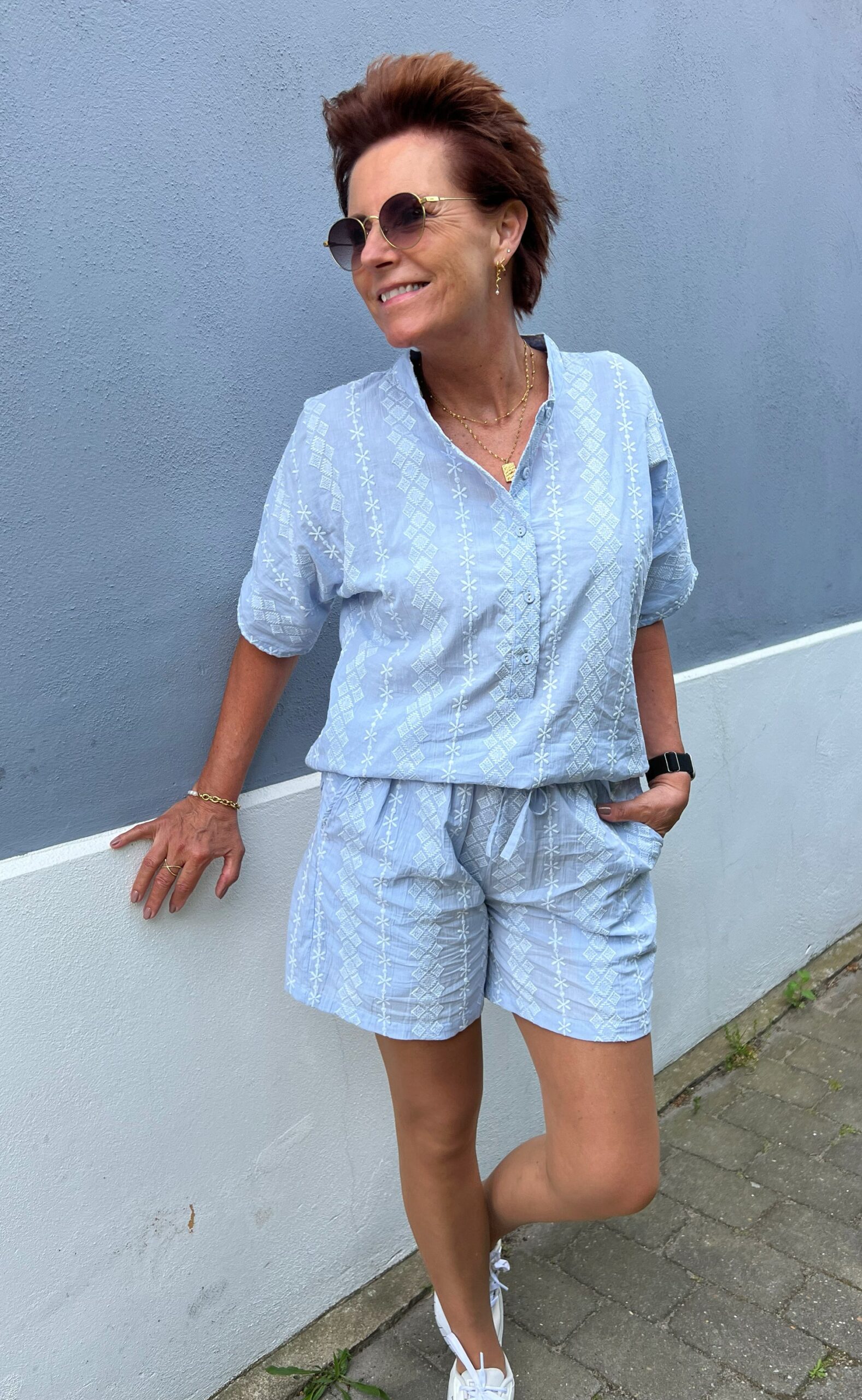 Say Ina Copenhagen Shorts Erica Blue White Embroidery