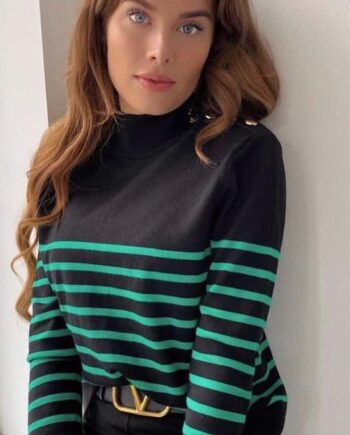 Continue Strikbluse Sissa Black With Green Stripe