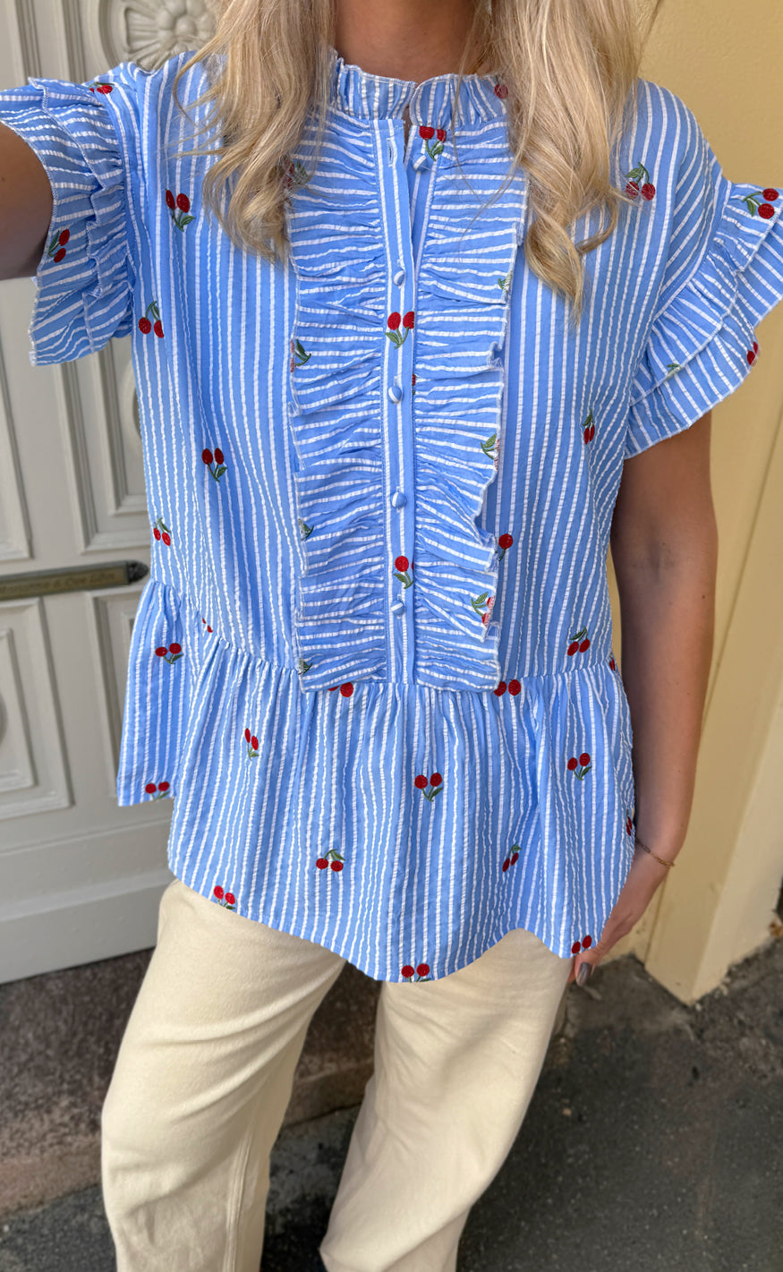 Say Ina Copenhagen Top Freya Blue Striped    Cherries