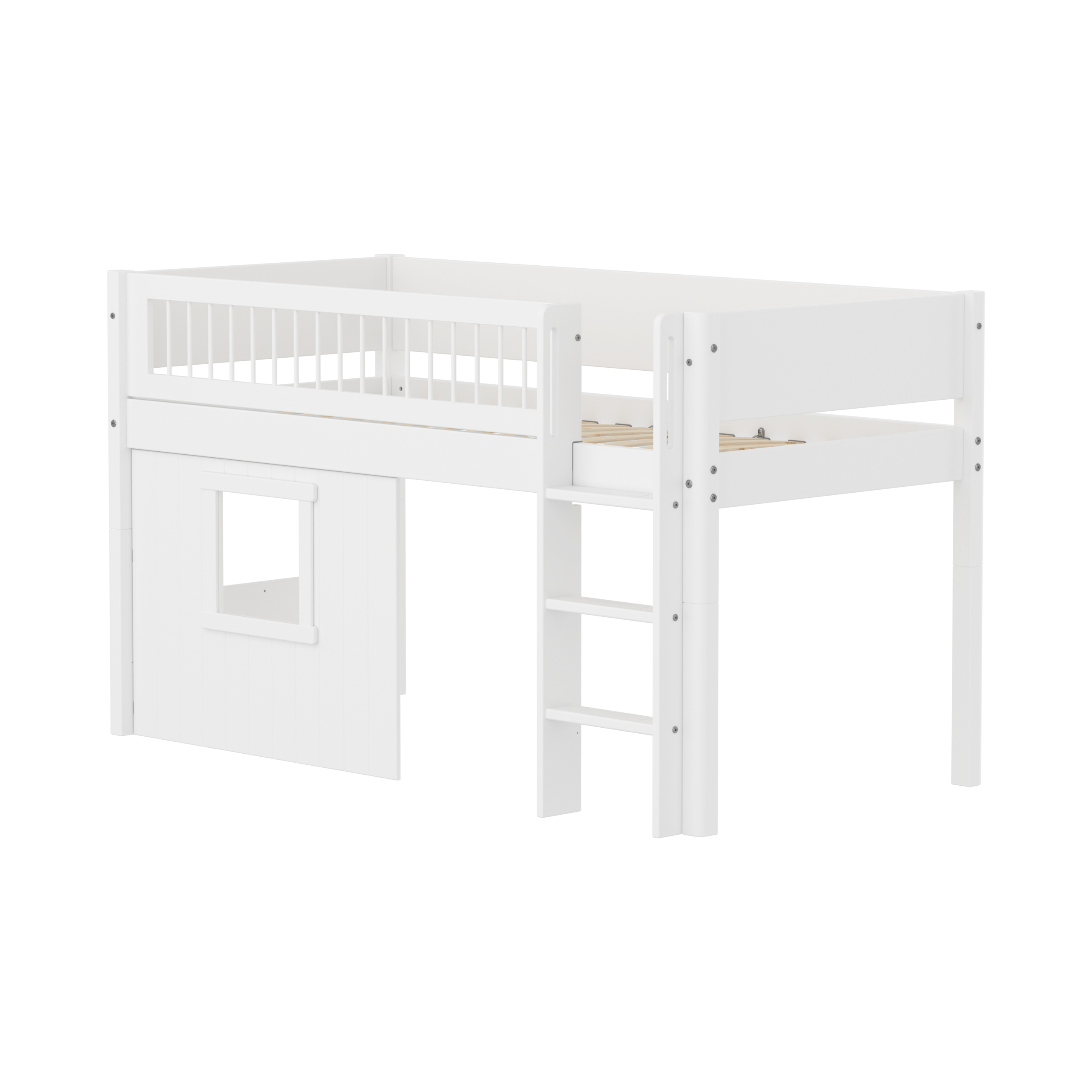 Flexa White Halvhøj Seng 120 Cm Med Stige Crossbar Sengehest Og Træhytte-sengefronter 90x200 Cm Hvid